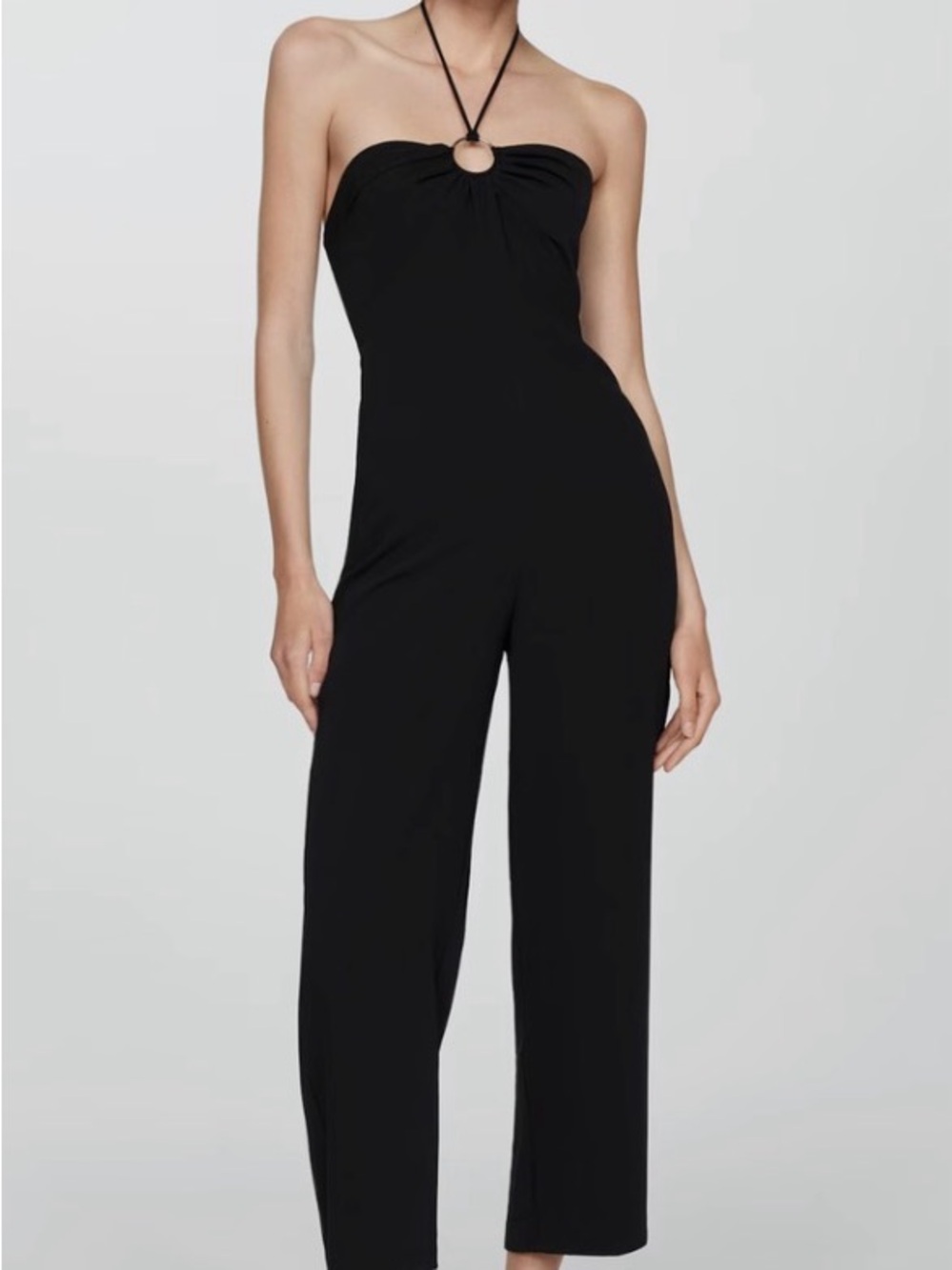Mango Black Strapless Halter Wide-Leg Jumpsuit with Neck Tie